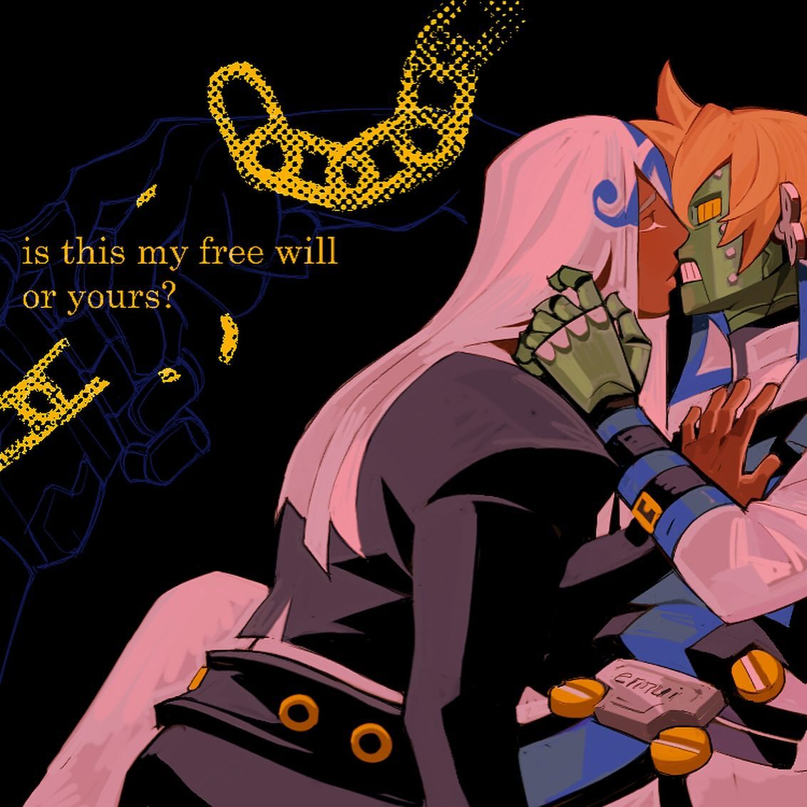 the image is a piece of digital fanart, likely inspired by anime or manga, depicting a romantic embrace between two characters. one character appears to be human, with long, light pink hair, while the other has a robotic or cyborg aesthetic, with green skin and metallic elements.  they are intimately close, almost kissing, with the robotic character's hand resting on the human character's face and arm. the background is dark, with a stylized chain or link motif in yellow, that is connected to the text overlay asking "is this my free will or yours?". the artwork has a dramatic and emotional feel, focusing on the characters' relationship and potentially hinting at themes of control or free will. the overall style is sharp and graphic with bold colors and outlines.