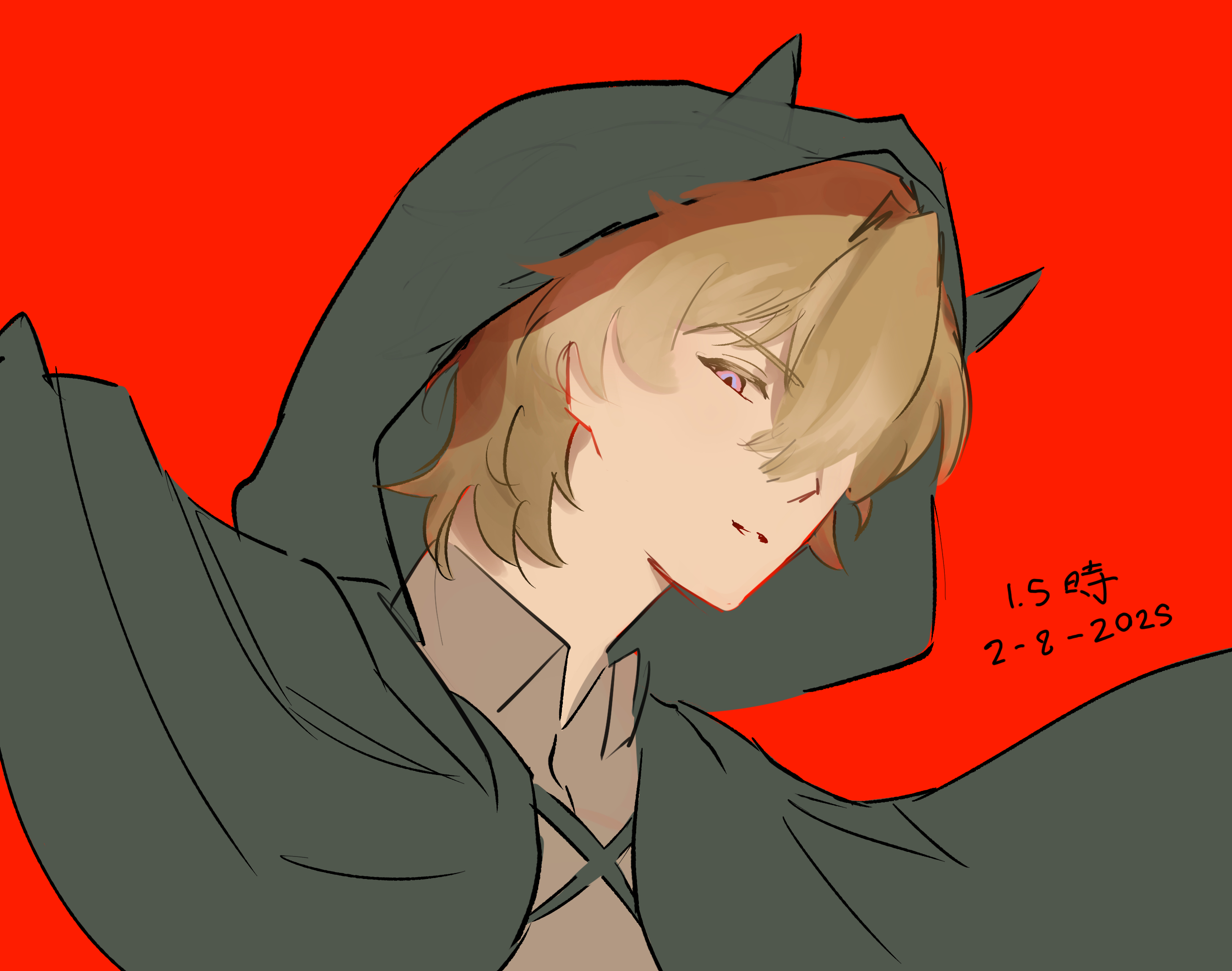 an animestyle illustration of a male character with blonde hair and purple eyes, wearing a dark hooded cloak against a solid red background. there's japanese text visible in the lower right corner.