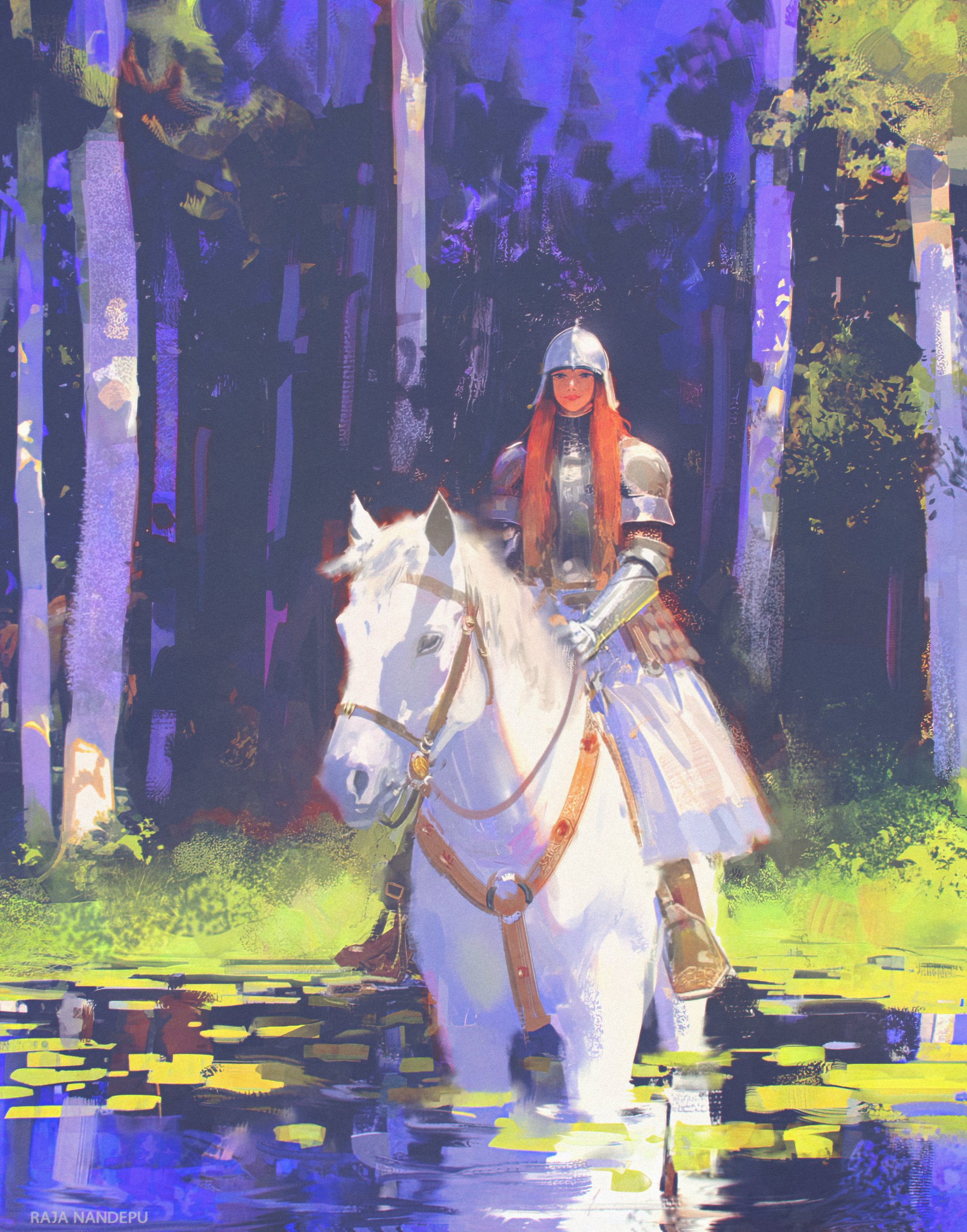 a female knight in white armor, riding a white horse, stands in a shallow pond in a forest. the scene is bathed in soft, diffused light, creating a sense of peace and tranquility.  the knight's armor gleams brightly against the dark background of the forest, while the horse's white coat stands out against the lush green vegetation. the overall effect is one of ethereal beauty and strength.