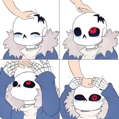 this is a digital art image of a comic about the character sans from the video game "undertale". it appears to be a collection of panels depicting sans getting headpats from an unseen character. there are 4 panels, all depicting sans from the chest up with differing expressions and body postures. sans has a blue and white jacket, white fluffy fur trim around the shoulders and collar, and a white top. the character is shown with a wide smile in the first panel, blushing and looking down with his eyes closed in the second,  smiling again in the third, and looking happy and excited in the fourth. the hands of the unseen character can be seen patting sans on the head in all four panels. the images are drawn in a cartoon style, with exaggerated features and expressions.