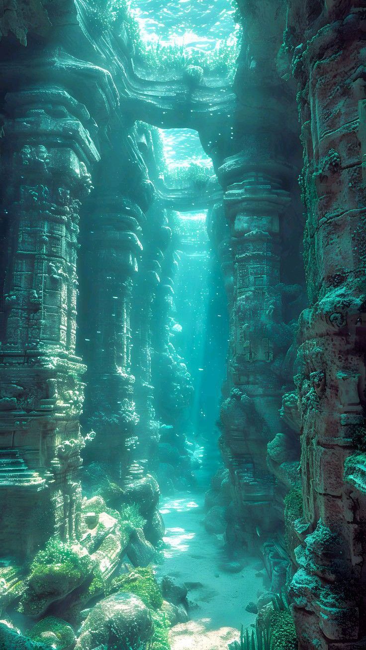 the image shows the ruins of an ancient stone structure, possibly a temple or city, submerged underwater. the scene is dominated by large, ornate columns and architectural fragments covered in algae and marine growth. sunlight penetrates the water, creating a blue and turquoise ambience and illuminating the sandy floor of the underwater environment.