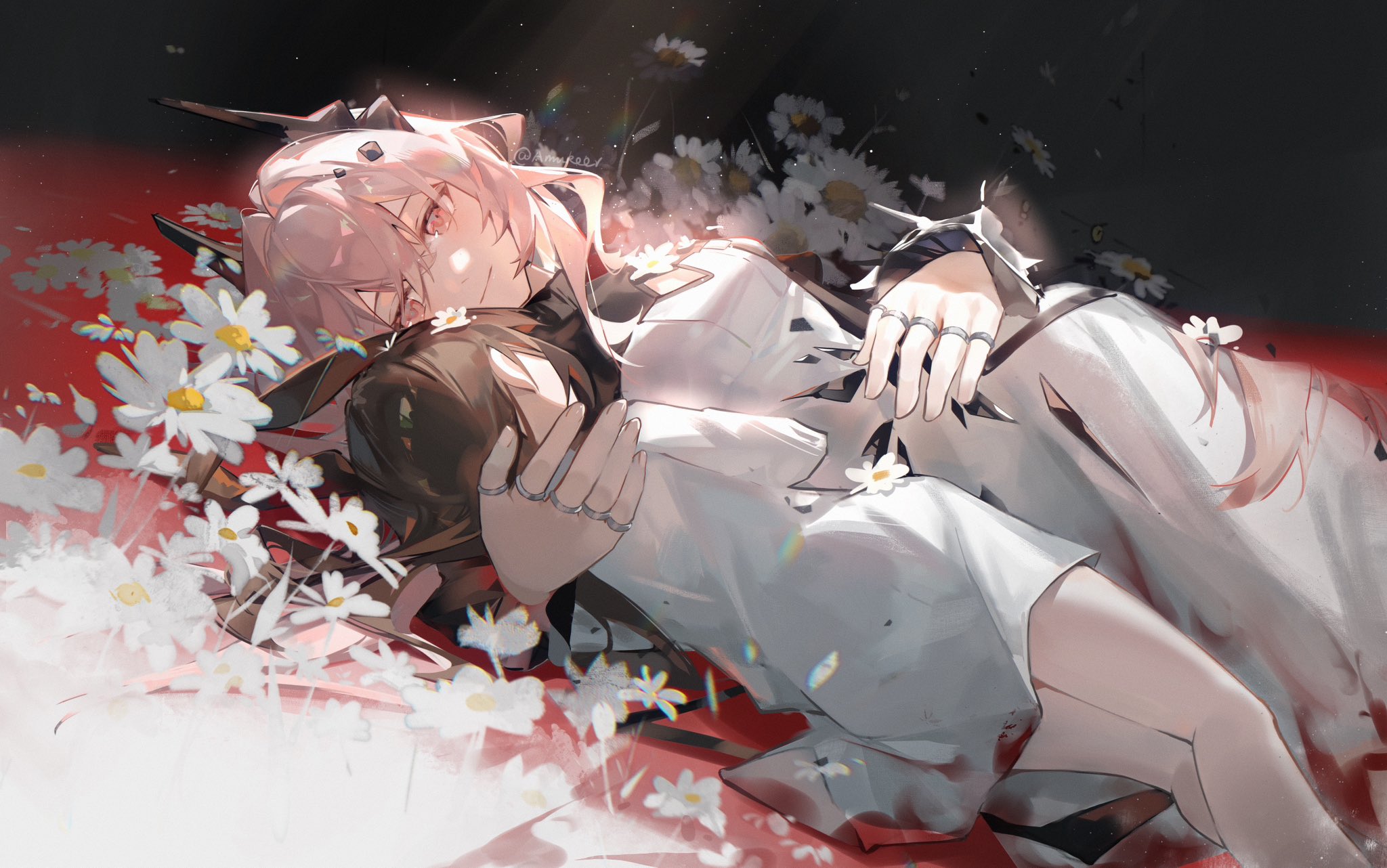 the image shows two animestyle characters lying down amongst daisies. one has pink hair and is on top of the other, who has brown hair. both are wearing white clothing and have multiple rings on their fingers. they are surrounded by white daisies on a red and dark background.