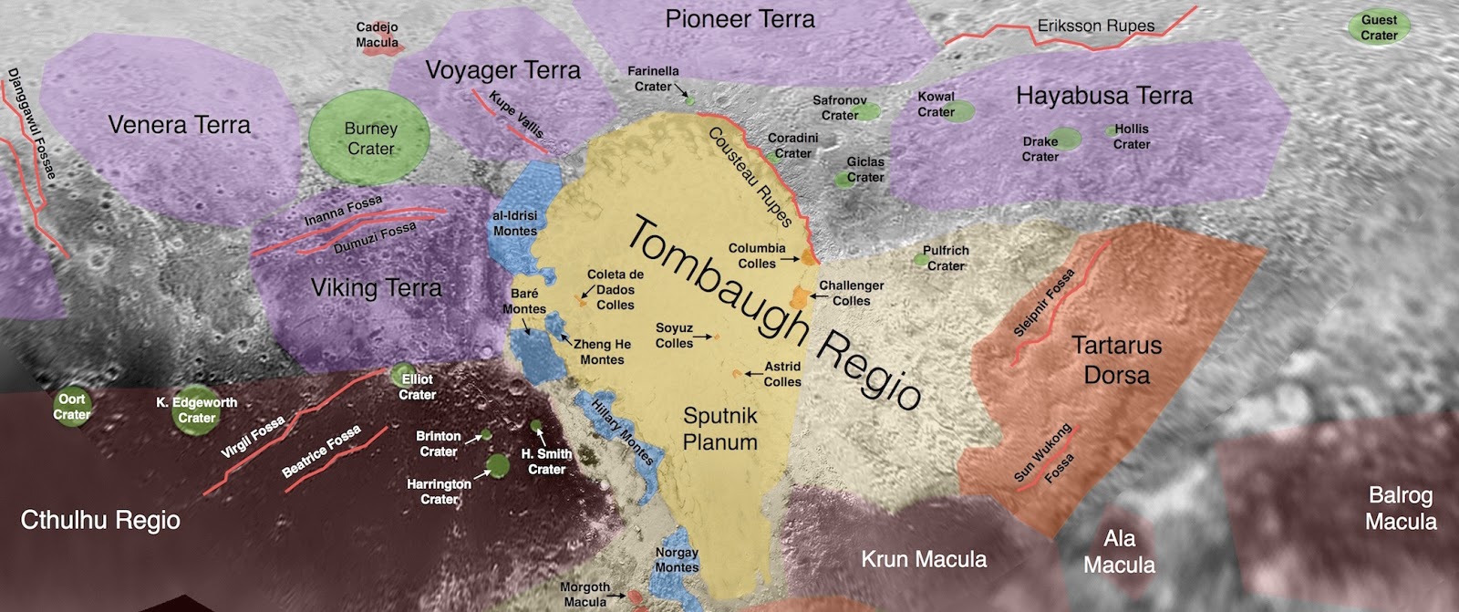 this image shows a map of venus with highlighted features, including craters, planum, colles, doras, macula, regio, ruppes, and fossae.  it is labeled with the names of these features in english and includes various descriptive terms such as "terra" which means "land".