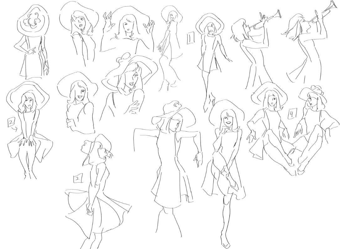 this is a line drawing of several women wearing stylish outfits. each figure is drawn in a different pose, with various hat styles and dresses. the lines are clean and simple, highlighting the silhouettes of each woman and the overall style of the drawing. the image is a representation of fashion illustration and design.