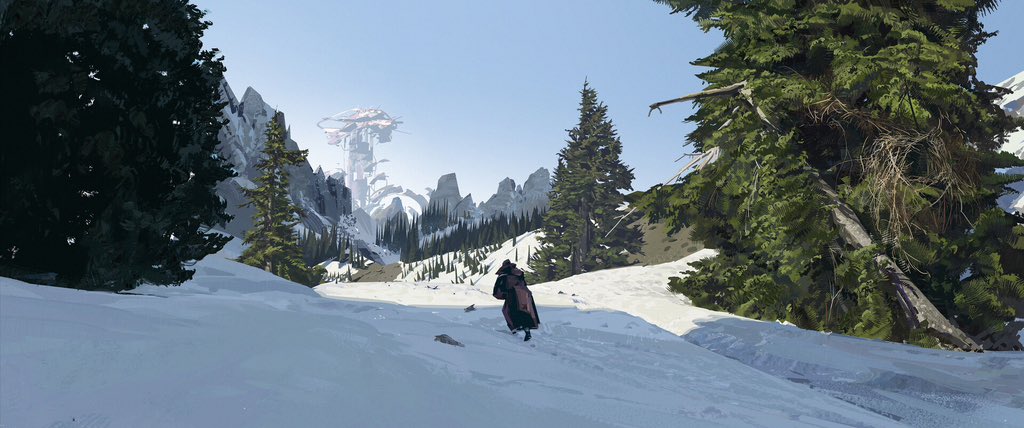 this is a digital painting of two travelers making their way through a snowy forest.  in the distance there are snowcapped mountains and a strange cloud formation.