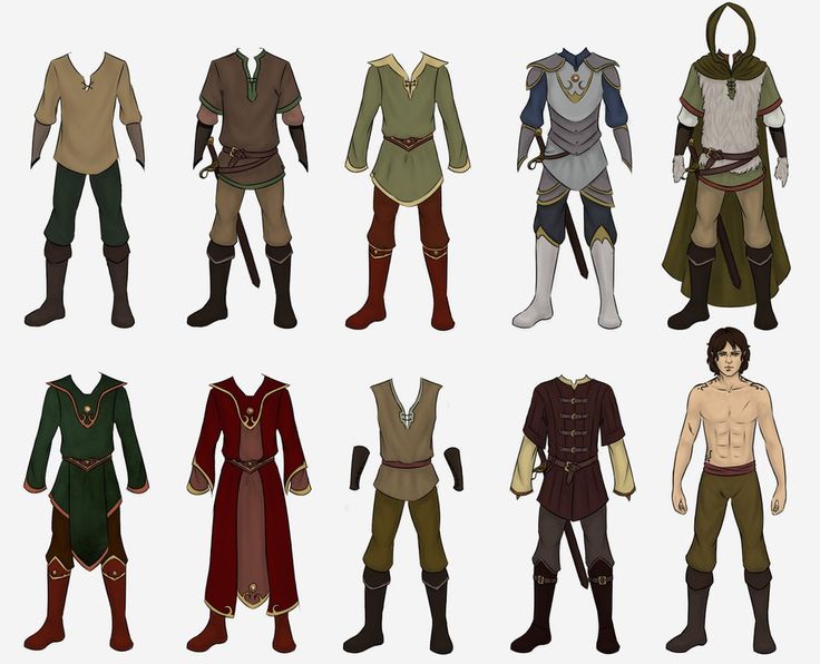 the image showcases ten different outfit designs for male characters in a fantasy setting, likely with a medieval influence. each outfit features a distinct style, ranging from simple peasant garb to more elaborate attire suggesting a knight or a rogue. the characters are all depicted without heads or hands, focusing the viewer's attention on the clothing designs themselves. the art style is a digital illustration with a slightly painterly quality.