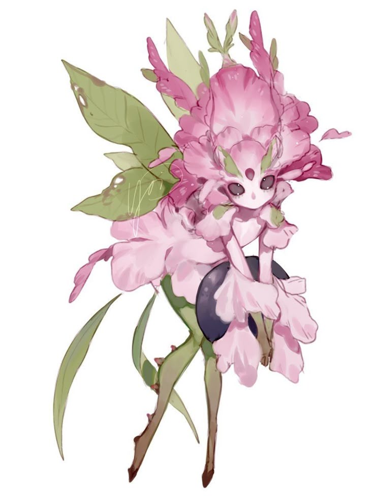 a whimsical illustration depicts a flower fairy. the fairy's body and clothing are made of pink flower petals, with green leaves sprouting around them. it has a small, pale face with large eyes and small, pointed ears. the fairy is surrounded by more leaves and petals, creating a fantastical and enchanting image.