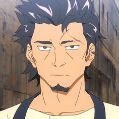 the image shows a closeup illustration of an adult male anime character with short, dark hair and a goatee. he has a serious expression on his face, with furrowed brows and a slight frown. the background suggests a city setting with a weathered wall behind him. the lighting is soft, creating subtle shadows on his face.