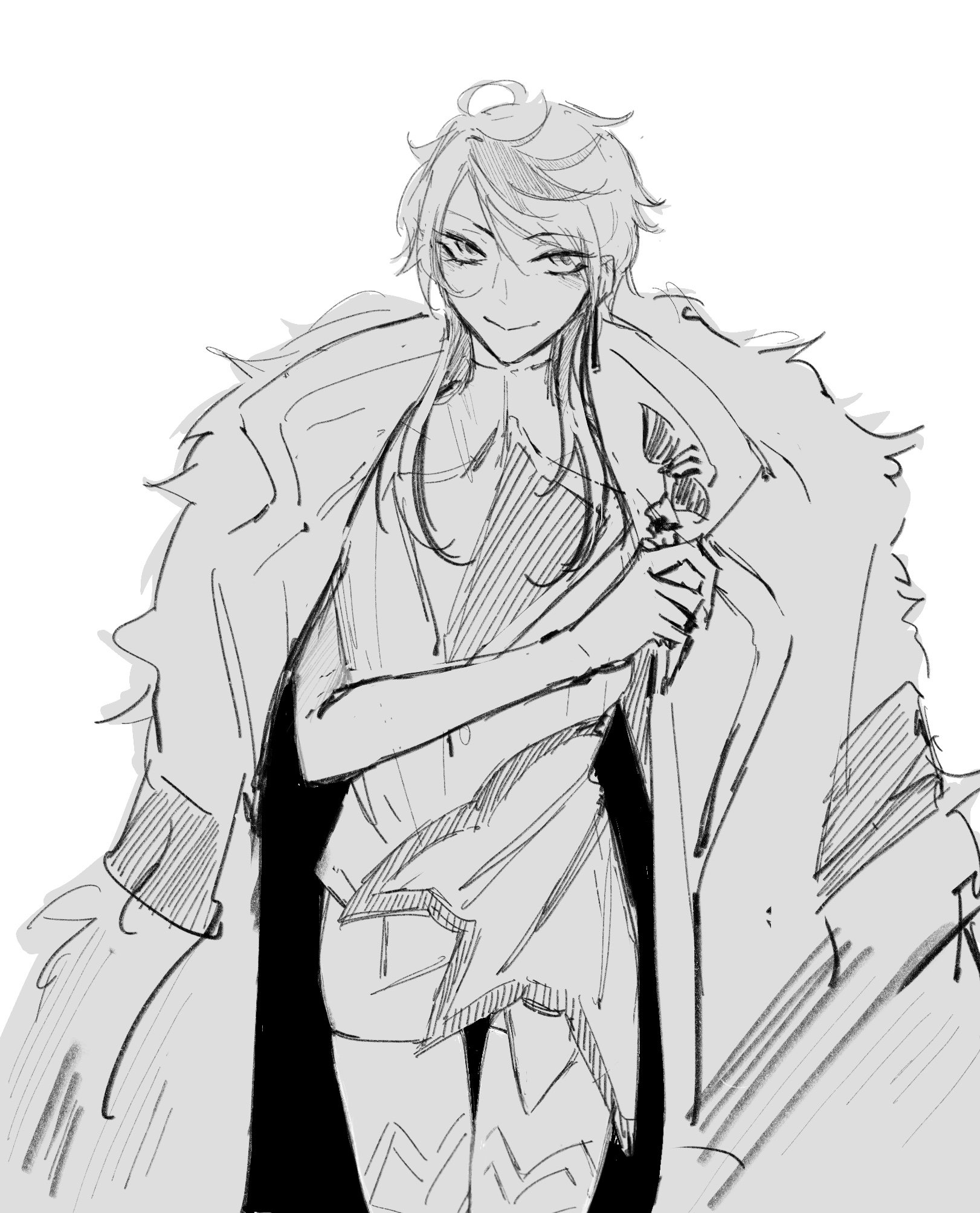 a handdrawn black and white illustration of an animestyle girl in a fur coat with long black and white hair. she is standing with her arms crossed and a slightly smug look on her face. the drawing style is sketchy and the lines are somewhat uneven. the background is plain white.
