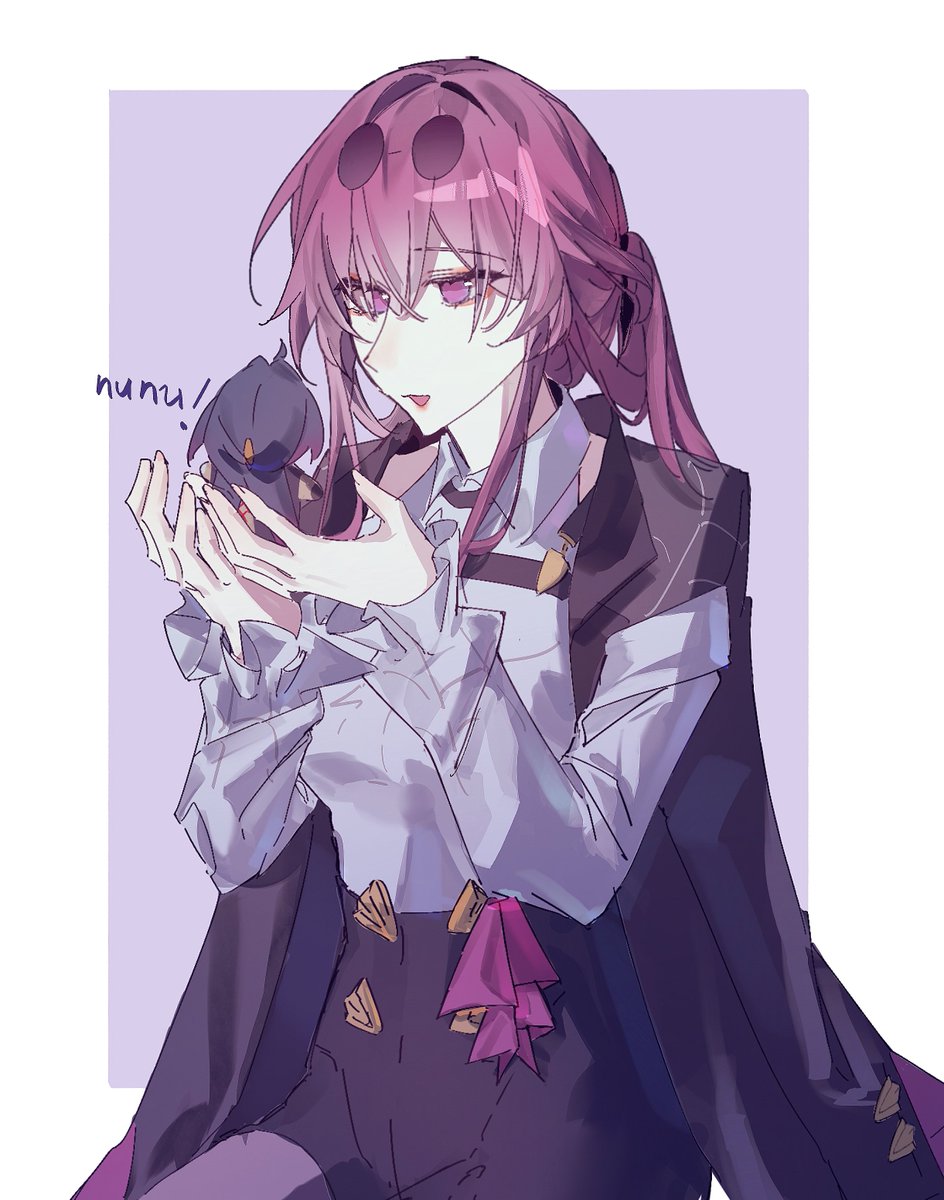 an anime girl with long purple hair, wearing a black coat and a white shirt with a pink ribbon tied around her waist. she is holding a small, dark figure in her hands, and has a gentle expression on her face. the background is a light purple color. the illustration is drawn in a cute and whimsical style.