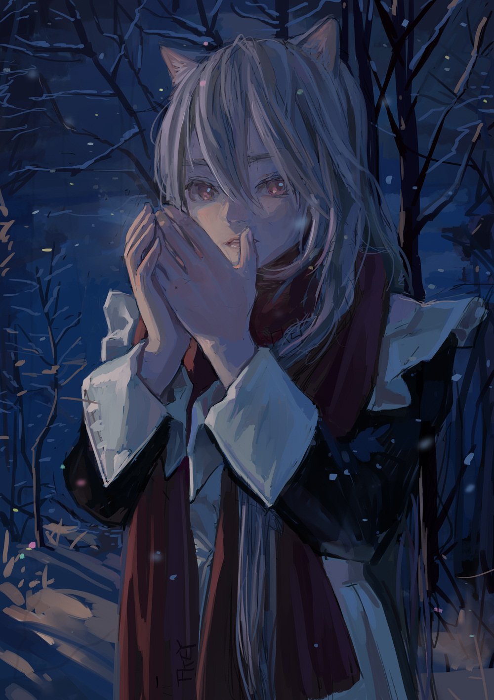 the image shows an anime girl with cat ears in a wintery forest. she has long, white hair and red eyes. she's wearing a black jacket, a white collared shirt, and a red scarf. she is holding her hands up to her mouth, likely trying to warm them in the cold. snow is falling, and the background is a dark forest with bare trees.