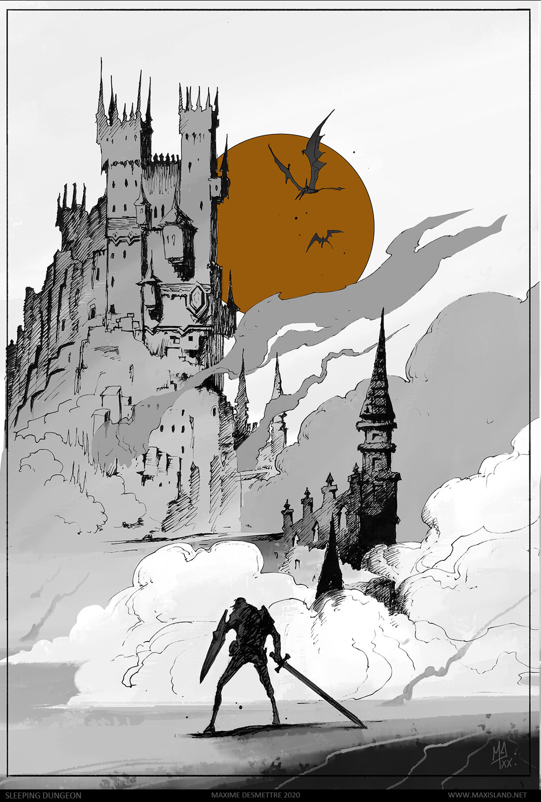 a lone knight stands silhouetted against a sunset, gazing upon a towering gothic castle perched atop a mountain. dragons soar in the distance, their forms dark against the fiery orb.  the scene is rendered in shades of gray and black, with the sun providing the only color. the overall atmosphere is one of mystery and impending darkness.