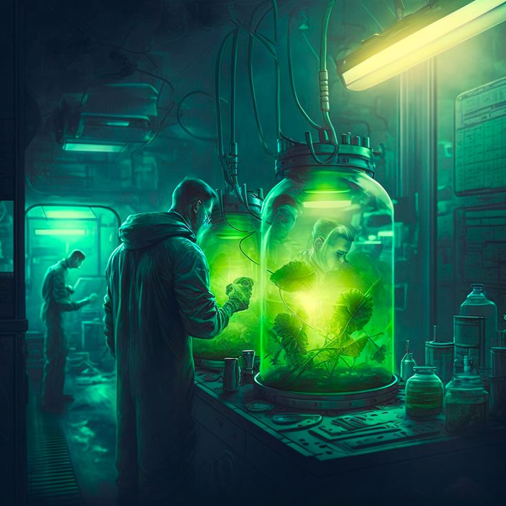 in a dimly lit, futuristic laboratory bathed in an eerie green glow, a lone scientist meticulously examines a glowing plant specimen held within a large glass tube. the laboratory is filled with advanced technology, with wires and tubes snaking across the ceiling.  another scientist can be seen in the background, hunched over what appears to be a computer console, further emphasizing the atmosphere of focused scientific endeavor.