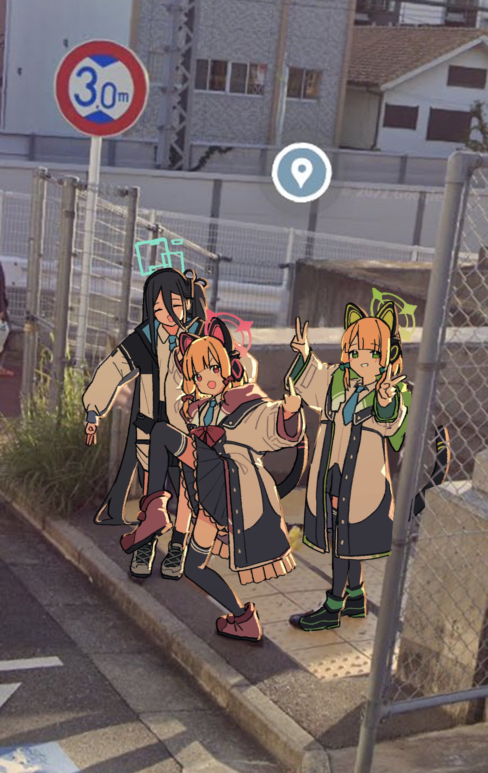 the image shows a street scene in japan overlaid with an illustration of four animestyle girls.  the girls are positioned near a fence and a sign indicating a 30meter distance. the girls' appearance is cheerful and playful, suggestive of a digital overlay or augmented reality effect. the background features typical japanese urban architecture, creating a contrast between the realworld setting and the digitally added anime characters.  the overall tone is light and fun, blending reality and fantasy elements.