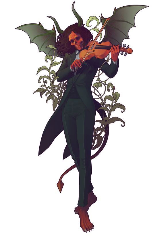 a demon with a red skull for a head, horns, wings, and a tail, elegantly dressed in a green suit, stands playing a violin. the background features stylized green foliage reminiscent of art nouveau.