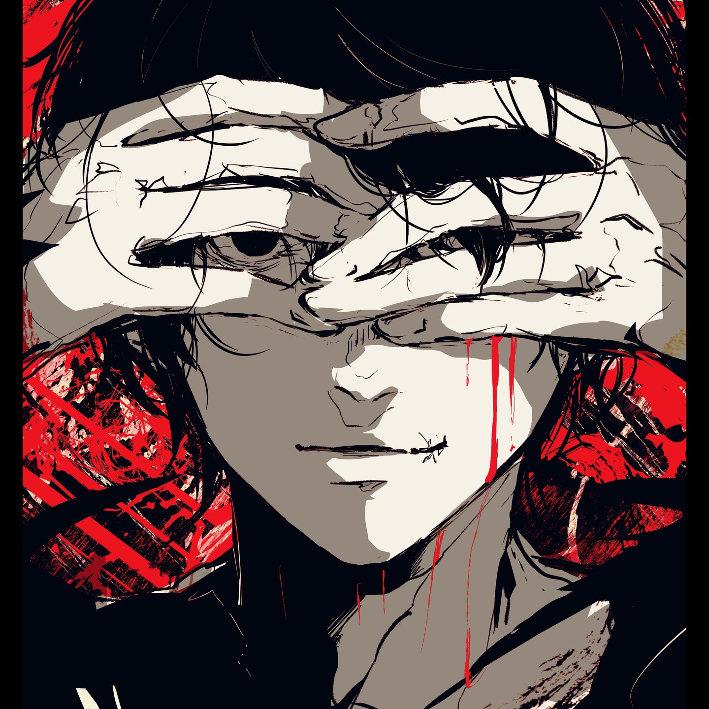the image is a dramatic closeup portrait of an animestyle young man.  his hands are covering his eyes, obscuring his face partially. he has visible scars and streaks of blood on his face and neck, creating a violent and unsettling atmosphere. the style is highly stylized, with bold lines, contrasting blacks and reds, and a gritty texture. the background is abstract and chaotic, with splashes of red against black, contributing to the overall sense of darkness and intensity.  the expression on what's visible of his face is ambiguous, somewhere between stoic and possibly sinister. the overall mood is one of mystery and unease.