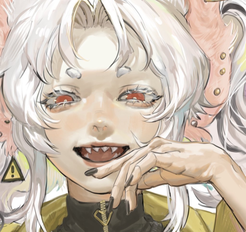 a closeup of an anime girl with white hair and red eyes. she is wearing a yellow jacket with a zipper and has her hand to her mouth. she is smiling and has fangs showing.