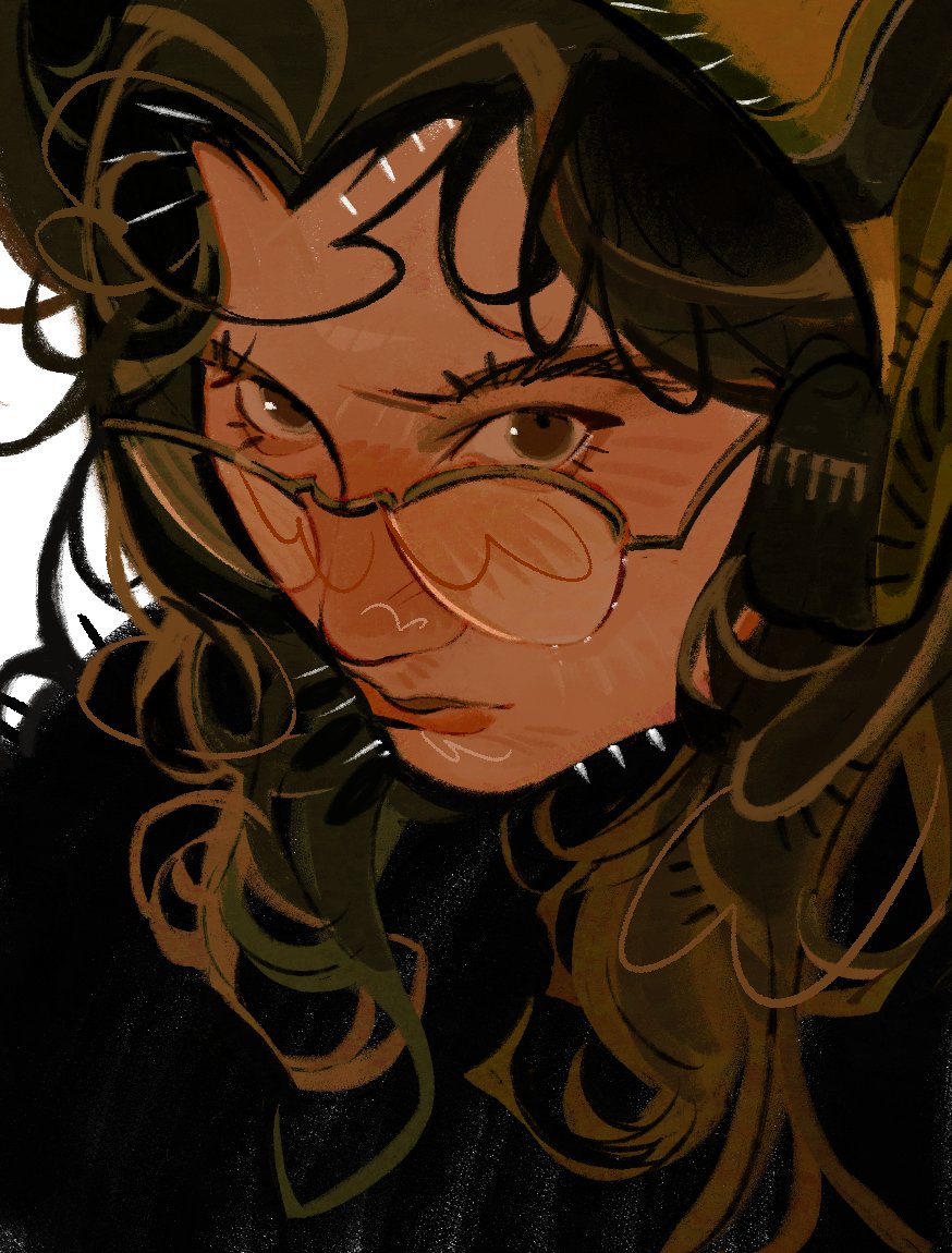 the image is a digital painting or illustration of a woman's closeup portrait.  she has dark, curly hair partially obscuring her face.  she wears round glasses and what appears to be a headset or headphones. her expression is intense, almost brooding, with a direct gaze. the artistic style is stylized and semirealistic, using a blend of dark and warm tones to create a moody, textured atmosphere. the painting is richly detailed, particularly in the rendering of the hair and the woman's expressive eyes.  the overall effect is both mysterious and captivating.
