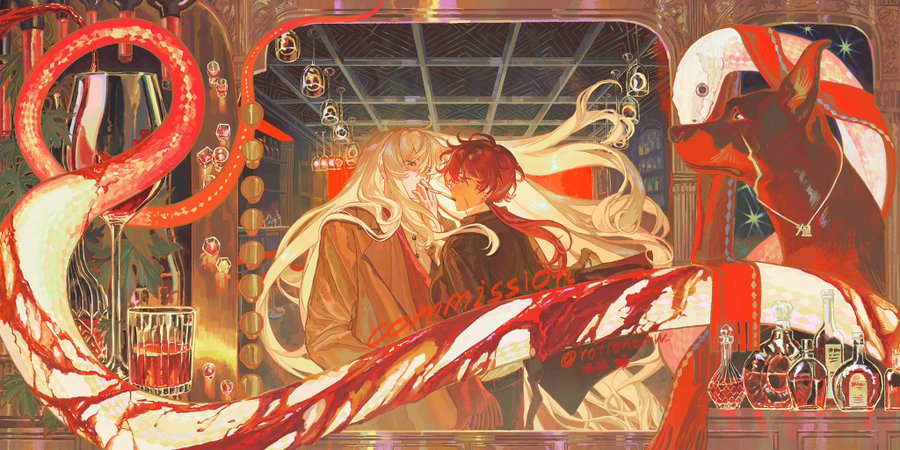 this is a colorful and surreal artwork depicting a couple in a bar. the woman is longhaired and is standing to the left of the man, with her arm around him. they are surrounded by a red snake that is winding around a glass of wine. the man is holding a glass of wine. the background is a dark bar with many other glasses on the counter.  the piece has a mystical and surreal feel to it. it appears as though the snake and the couple are both intertwined with one another.