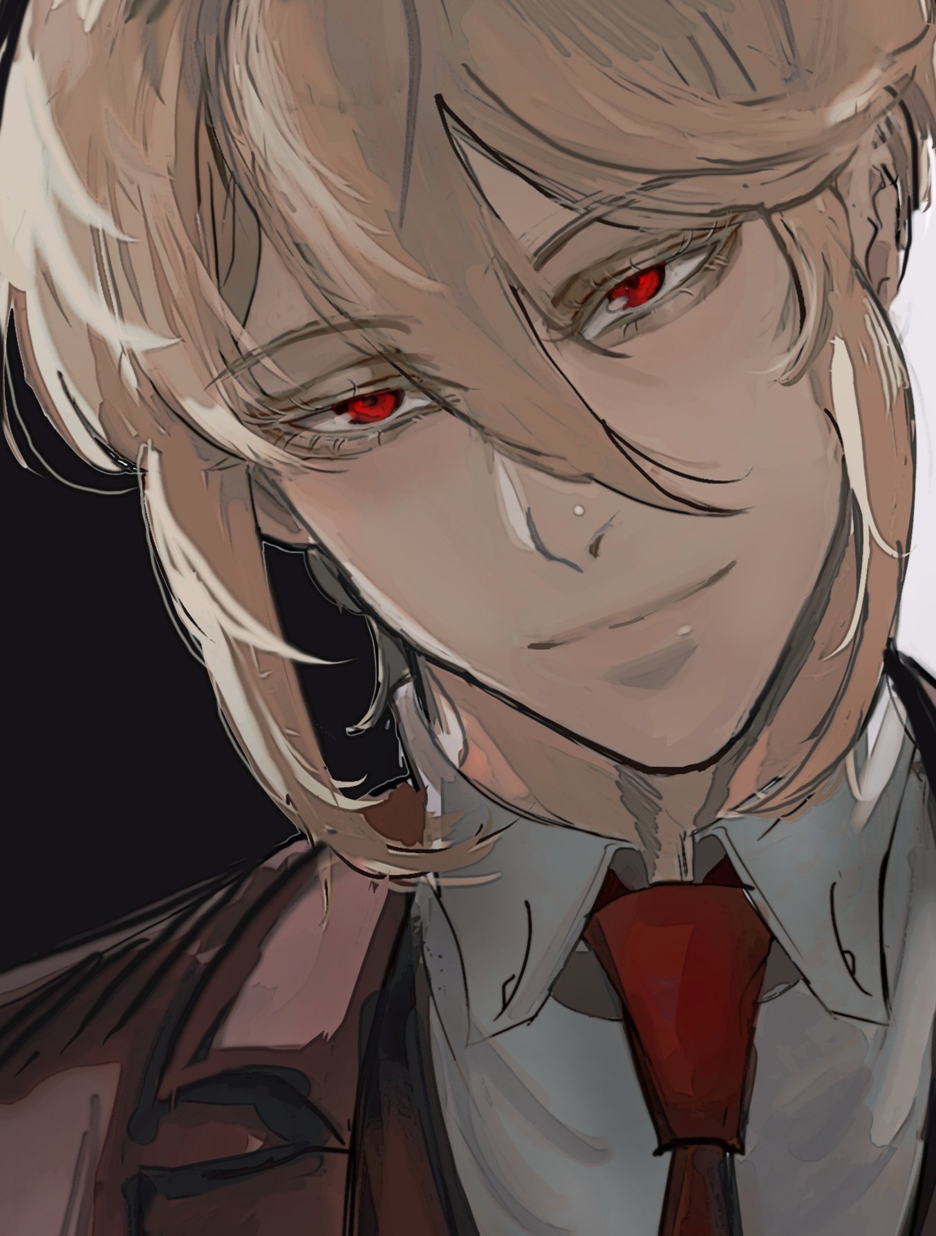 a closeup portrait of a young man with blond hair and red eyes. he is wearing a suit and a red tie. his expression is serious and he appears to be looking off to the side. the art style is anime or mangainspired.