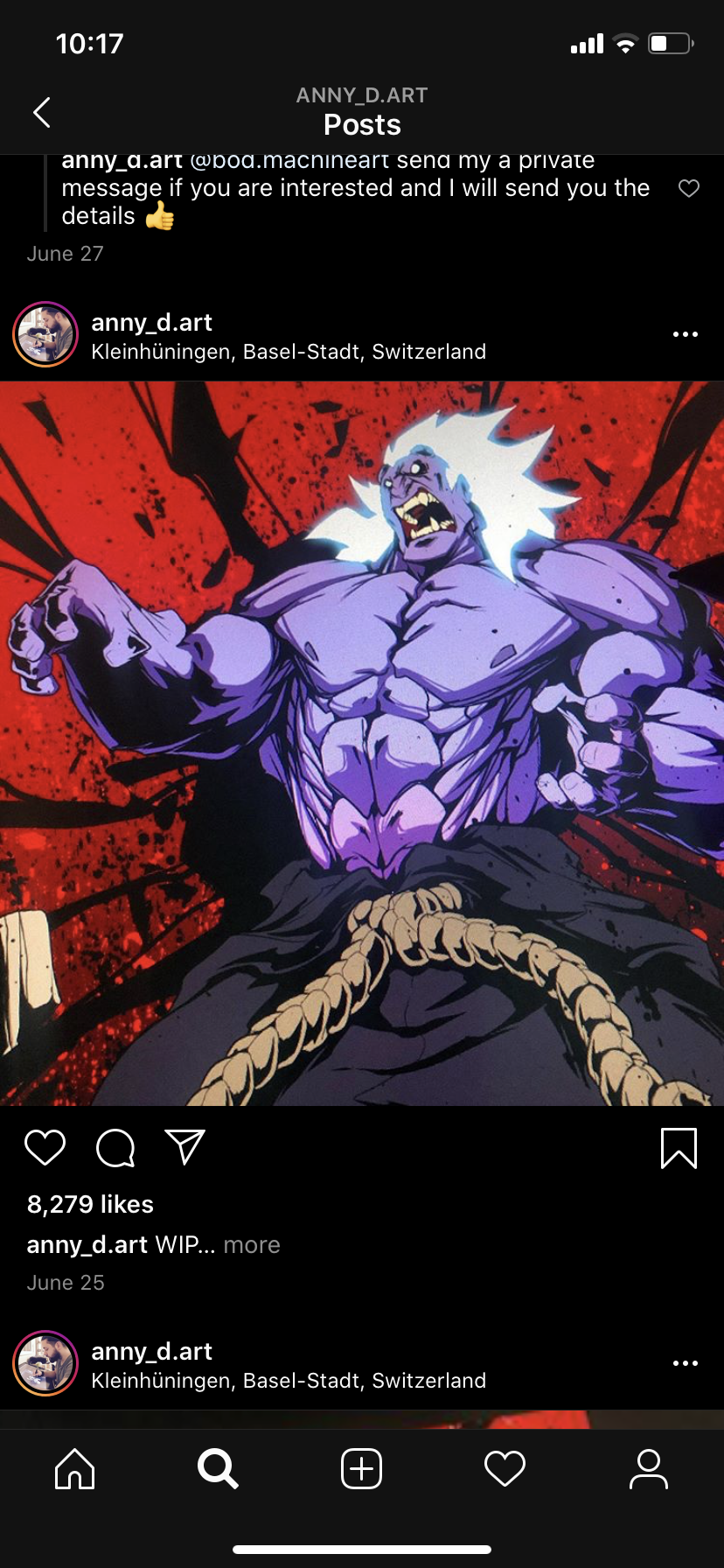 the screenshot captures an instagram post from an artist named anny_d.art based in switzerland. the post showcases a workinprogress illustration of a muscular, purpleskinned fictional character with white hair. the background is simple, featuring artistic streaks of color. the artist is using the platform to gauge interest and offer further details via direct message.