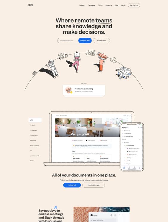 this image shows a screenshot of the slite website, which is a software platform designed to help remote teams collaborate, share knowledge, and make decisions. the website highlights key features, such as a company wiki for storing and organizing information, a document management system to keep track of all project files, and a discussion platform for facilitating conversations and discussions. the visuals in the image depict a cartoon scene of remote team members working together, showcasing the software's focus on fostering a connected and productive work environment.