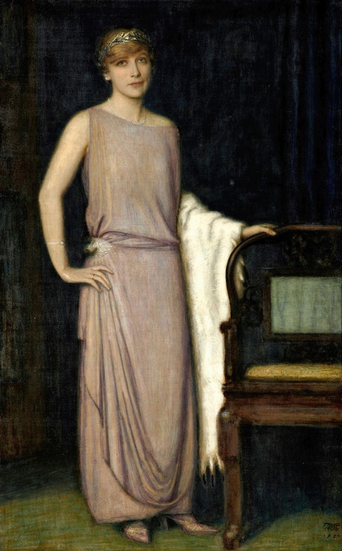 a fulllength portrait shows a woman in a mauve dress and diadem standing next to a chair. she is positioned slightly offcenter to the left. her dress has a draped effect, and she wears matching shoes. a shawl is draped over the back of the dark wood chair, and she rests her right hand on its back. her left hand is on her hip. the background is a dark curtain.