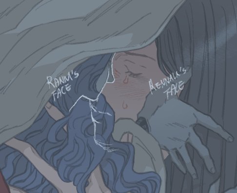 the illustration depicts two characters, labeled "ranin's face" and "kennala's face", in an intimate embrace. kennala has tears falling from her eyes. the drawing style is graphic and appears to convey a deep emotional connection between the two figures.