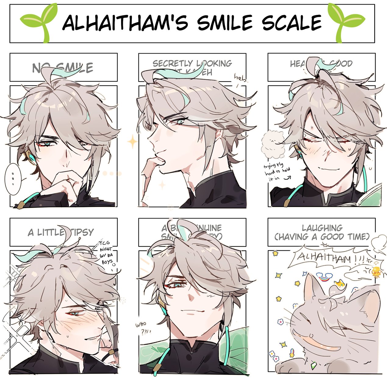 the image is a meme depicting different levels of alhaitham's smile, a character from the video game genshin impact. the meme is a scale, ranging from "no smile" to "laughing (having a good time)" with different stages of his smile in between. the image includes text and drawings that are characteristic of anime and manga style. the character is depicted with various facial expressions, including a subtle smile, a smirk, a shy grin, and a fullblown laugh.  the image is a playful and humorous take on the character's personality.