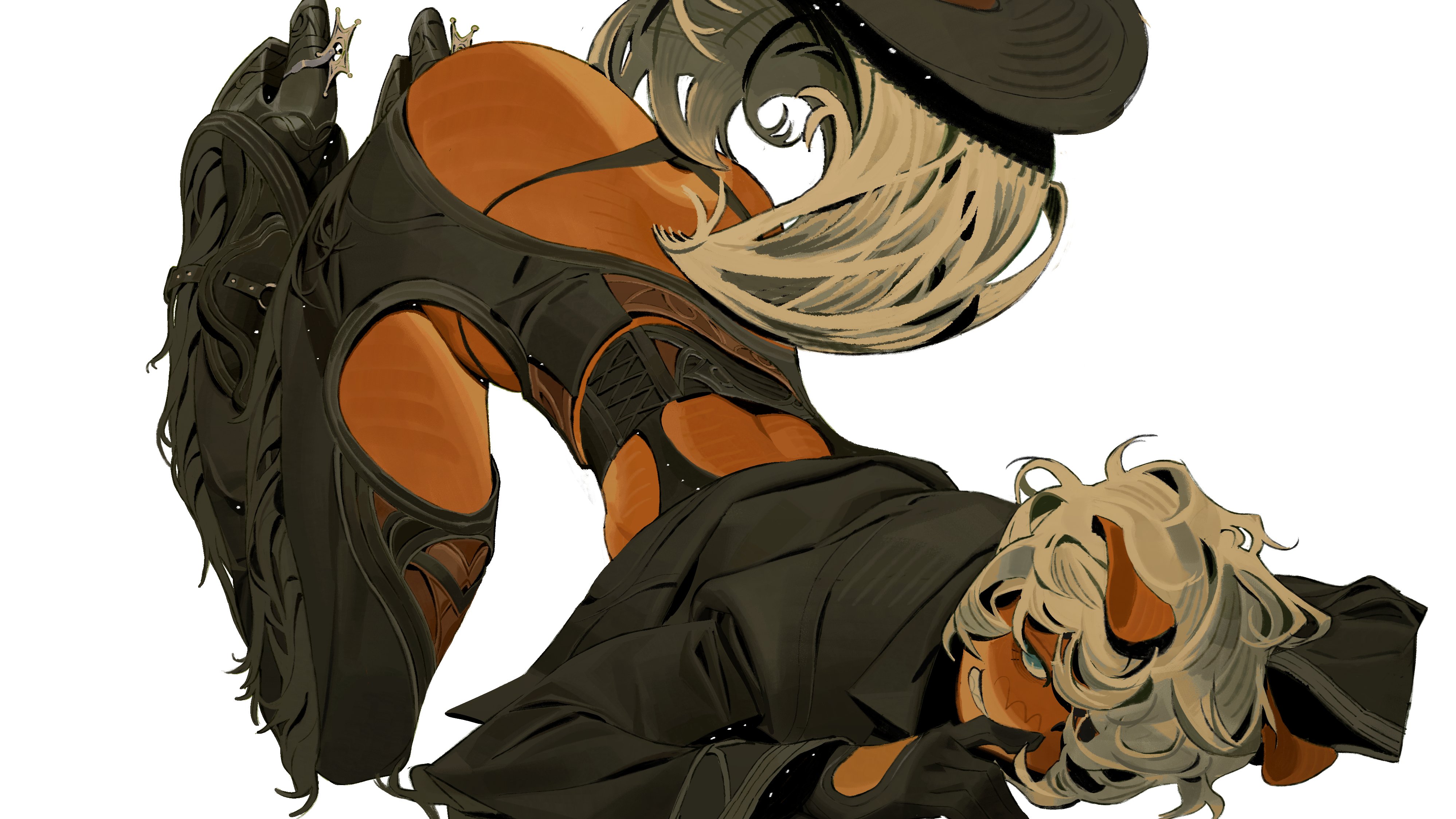 the image is a digital painting of an animestyle female character. she has orange skin and long blonde hair, and is wearing a darkcolored outfit that incorporates elements of steampunk and futuristic fashion.  her outfit features intricate leather chaps and boots.  she is positioned upside down, looking directly at the viewer with a confident and somewhat seductive expression. the background is plain white.  the style is detailed and polished, with a focus on texture and contrast.