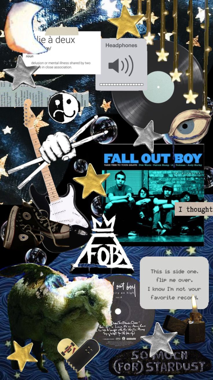 this is a collage of various images related to the band fall out boy. it features a cd cover from their album "so much for (for) stardust" along with other images like headphones, a guitar, and a lyric from the song "lie a deux."  the overall theme is music and nostalgia.