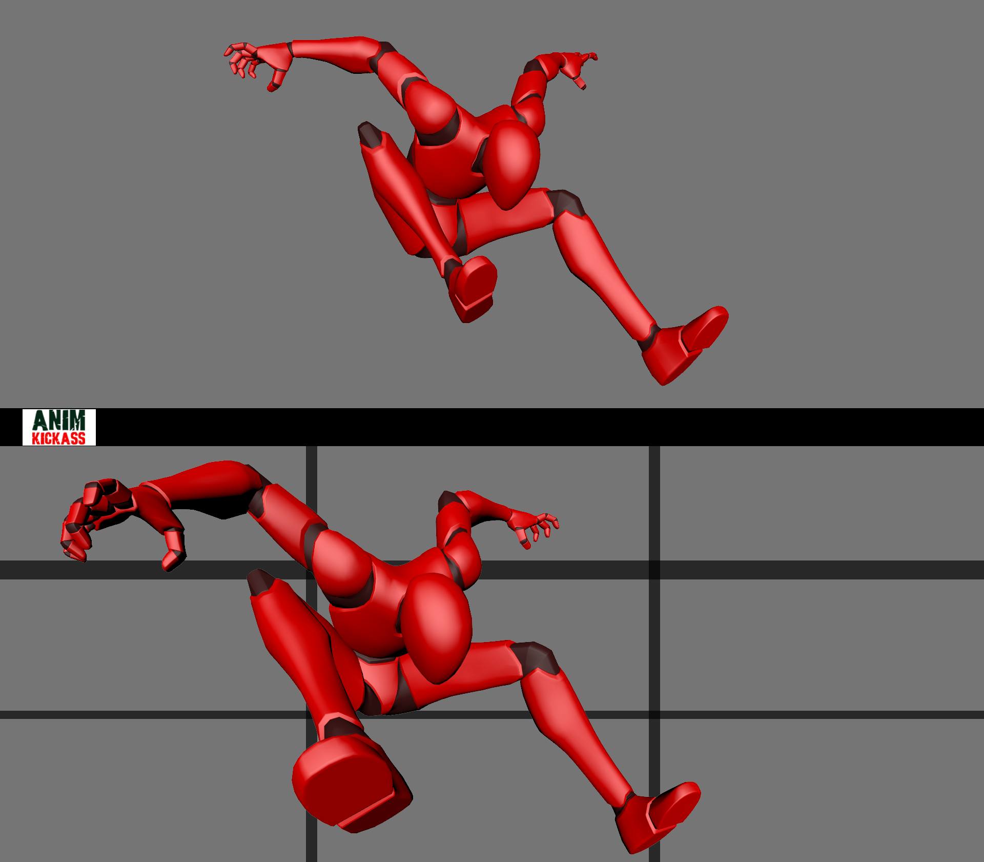 the image shows a 3d rendered red figure in two different poses, representing a jumping animation or parkour movement. the figure is stylized and simplified, with rounded shapes. the background is a gray wall.