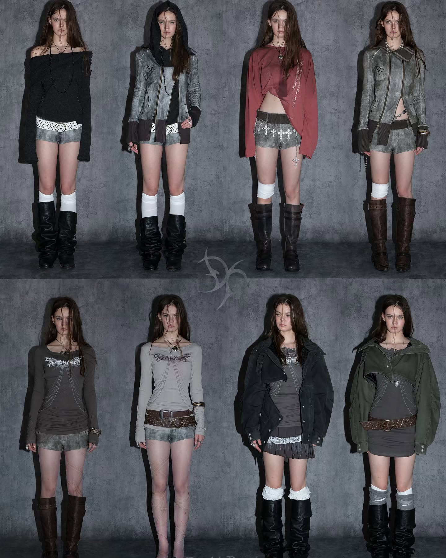 the image shows eight different styled outfits.  each is modeled by a woman with long dark hair against a grey textured backdrop. the clothing styles are consistently dark and edgy, blending elements of grunge, postapocalyptic, and gothic fashion.  each model wears variations of  grey and brown jackets, tops, and shorts, paired with boots and accessories like belts and chains. the overall aesthetic is dark, alternative, and somewhat uniform in style despite the variations in the individual outfits. the image appears to be a professional photoshoot showcasing a specific fashion line or style.