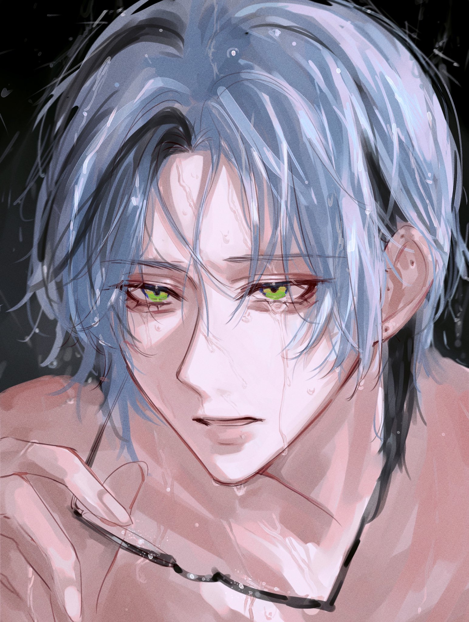 this is a digital art illustration of an anime boy. he has blue hair and is drawn in a very detailed and realistic style. his eyes are green and he has tears running down his face. he is looking down and appears sad, he's holding a pair of glasses and a chain necklace.