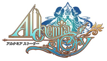 the logo for the game alchemia story. the title is written in a stylized font and features two twin girls with wings, holding a sword and a dragon. the japanese text below translates to "alchemia story". the logo is predominantly gold and blue, set against a white background.