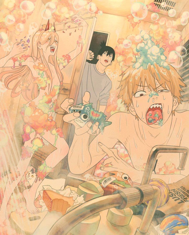 the image is a vibrant and chaotic animestyle illustration depicting a surreal scene in a bathroom. three young adults are involved in a messy situation.  a young woman with long hair and demon horns is covered in colorful, paintlike substances,  appearing playfully mischievous. a young man with dark hair is standing in the background, looking slightly surprised or overwhelmed. the central figure is a young man with orange hair, also covered in soap and bubbles, who appears to be either enjoying or enduring the chaos. the bathroom is cluttered with various items,  including bath toys, leftover food, and cleaning supplies. the overall aesthetic is playful, surreal, and humorous, with a blend of vibrant pastel colors and a highly stylized artistic approach typical of manga. the scene is suggestive of a wild, possibly playful or accidental, bath time.