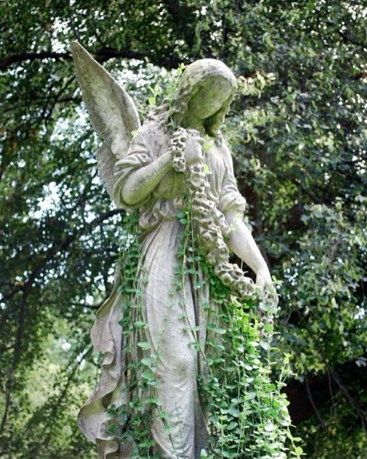 an angel statue stands amongst lush greenery. its wings are spread, and its head is bowed. the statue is weathered and covered in ivy, adding to its somber beauty.  the statue is surrounded by trees, creating a sense of peace and tranquility.