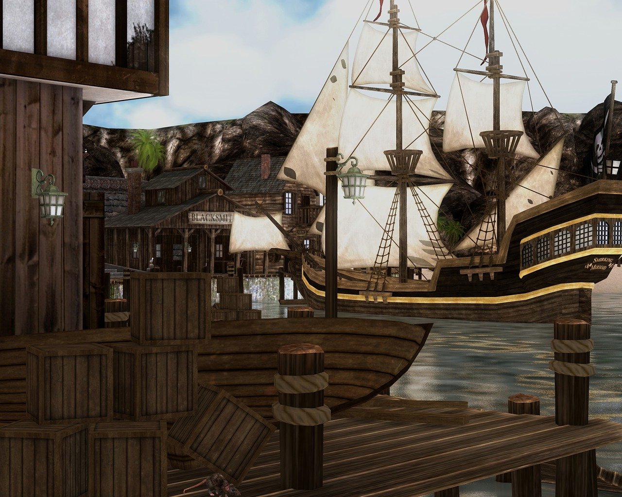 the image depicts a bustling harbor scene with a large pirate ship docked beside a wooden dock. the ship has multiple masts with white sails and a black pirate flag is visible. a building labeled "blacksmith" stands near the waterfront among other structures. crates are stacked on the dock, and the scene is illuminated by outdoor lighting fixtures. the backdrop features a landscape with mountains. the water is calm, reflecting the scene above. the overall setting suggests a historical or fantasythemed maritime environment.