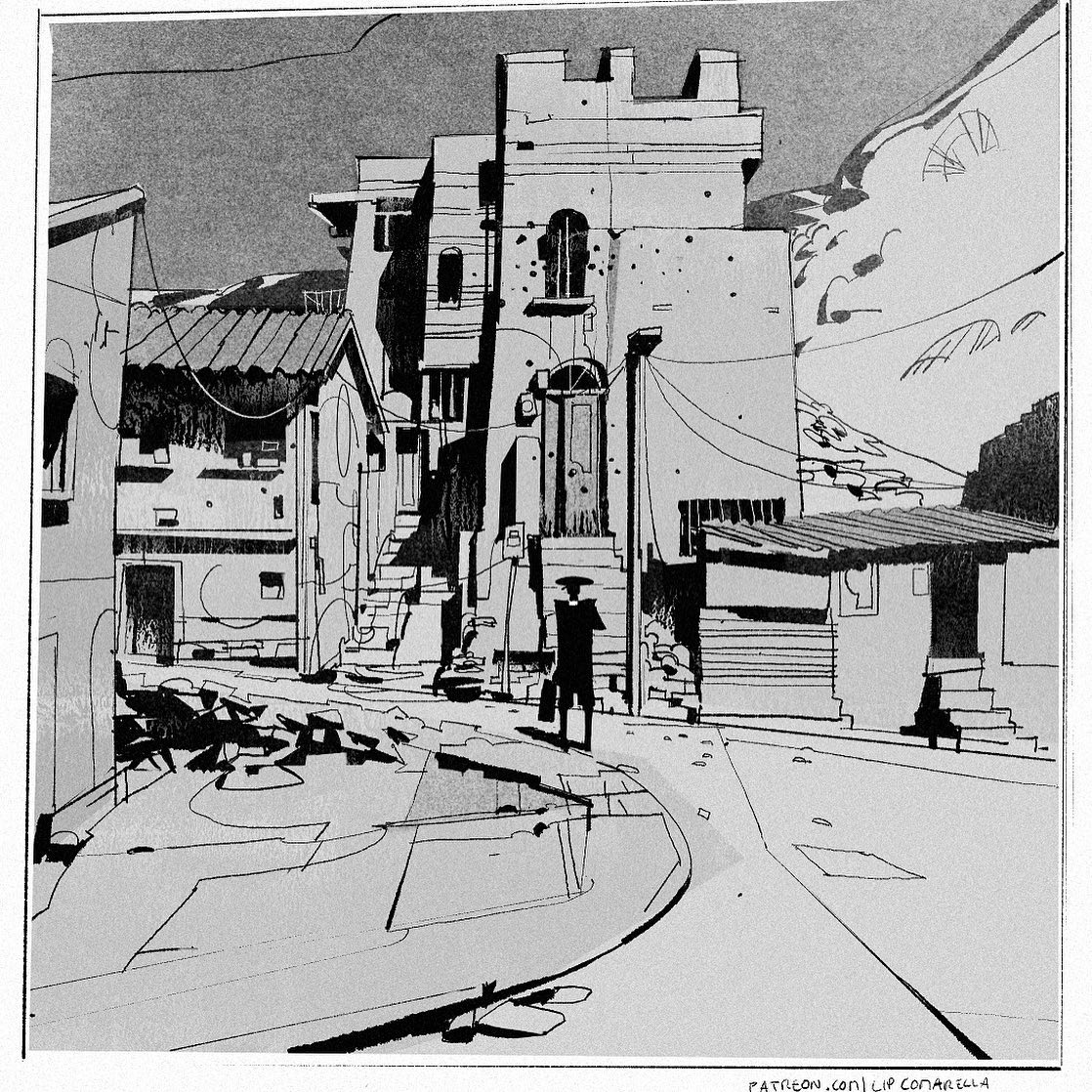 this is a black and white drawing of a narrow street in a city. the buildings are drawn with a lot of detail, and the perspective is very pronounced. the street is empty, and the only person in sight is a silhouetted figure in the middle distance. there is a dark, ominous feel to the drawing.
