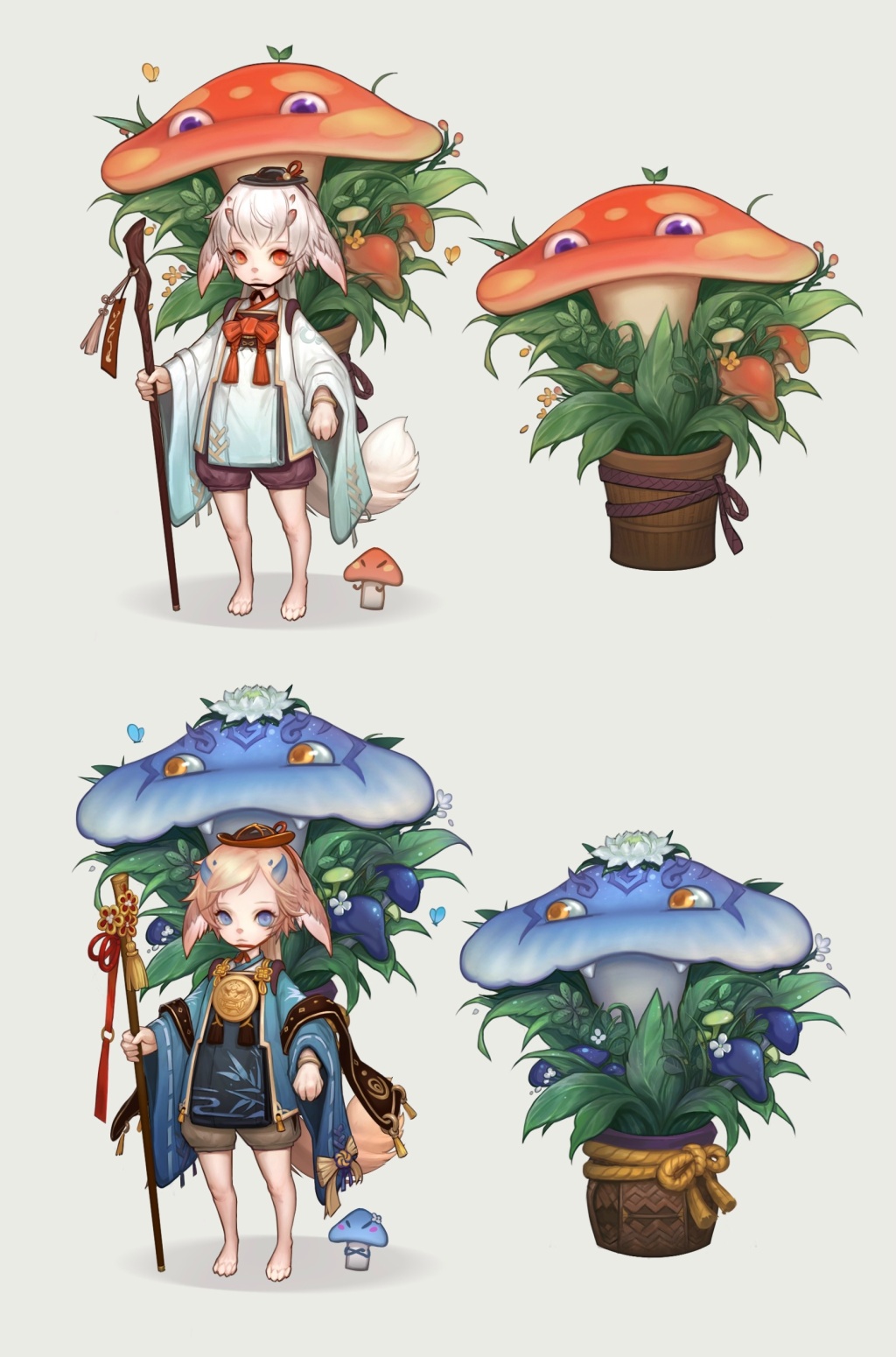 this image features two adorable anime characters, each wearing a large mushroom hat. the characters are both female, with large eyes and cute expressions. the mushroom hats are decorated with flowers and foliage, and the characters are holding staffs. the image is drawn in a cartoon style, and it is full of vibrant colors. the characters are surrounded by a magical atmosphere.