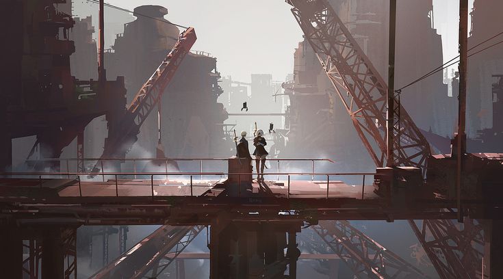 the image depicts a desolate, postapocalyptic cityscape dominated by large, rusty industrial structures, specifically massive cranes and decaying metal platforms. two figures, reminiscent of characters from a video game like nier: automata (2b and 9s), stand on a raised platform overlooking the scene. they appear to be armed with swords.  the atmosphere is hazy and misty, with a muted color palette of greys and browns emphasizing the bleakness. the overall style is evocative of cyberpunk or dystopian settings, potentially a digital painting or concept art piece for a video game or similar media.  the scene is filled with a sense of desolation and quietude.