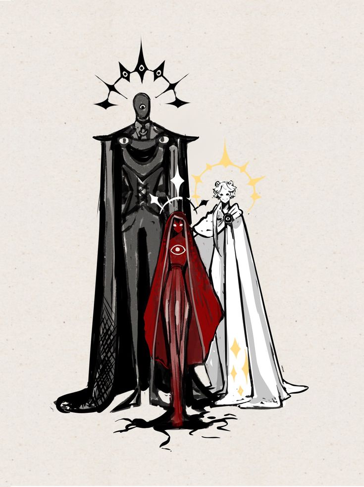 a black and white hand drawn illustration of a group of three characters. the character on the left is a tall male figure wearing a black cloak, the character in the middle is a female figure wearing a red cloak, and the character on the right is a female figure wearing a white cloak. the characters are standing, and they are all in different poses. the illustration is set against a simple background, and it has a mysterious and fantasylike quality.
