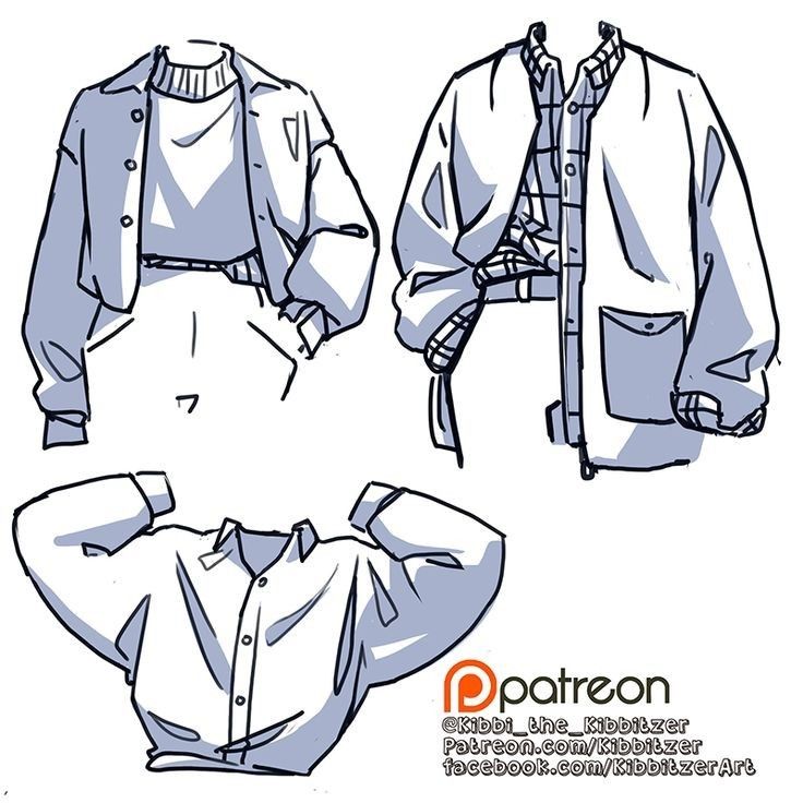this image shows three sketches of different clothing items, specifically, a jacket, a sweater, and a shirt. the clothes are drawn in a simple, minimalist style with outlines and shading. the sketches are positioned in a way that showcases the different styles of each garment.  the artwork has a "patreon" logo and the artist's name/username, suggesting it's a piece shared by an artist on their patreon page.