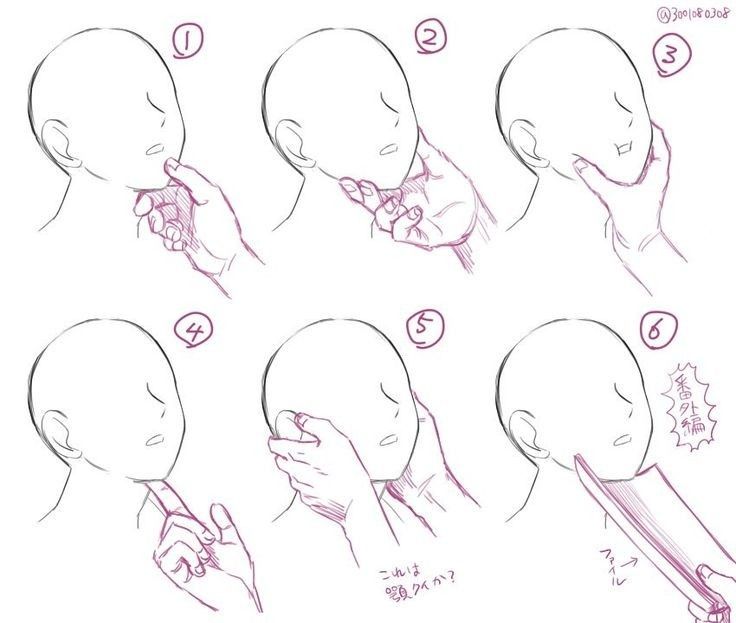 this image is a drawing tutorial demonstrating different ways to draw hands interacting with a head, in an anime style. the tutorial shows six variations of hand positions interacting with the face and neck.  it progresses from gently touching the chin to more forceful actions, even simulating the use of a knife.  japanese text is included within the image, presumably providing additional context or explanation.  the style is light and sketchy, suitable for beginners.