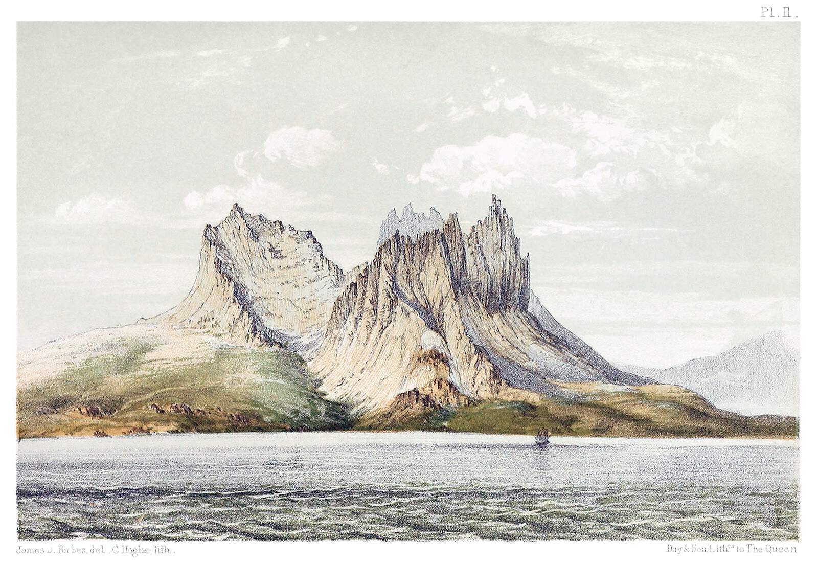 this is a colored lithograph depicting a landscape with prominent mountains rising from the edge of a body of water. the mountains are the focal point, with rugged peaks and steep slopes rendered in shades of grey, brown, and hints of green. a small sailboat is visible on the water, providing a sense of scale. the sky is filled with scattered clouds, adding depth to the scene. inscriptions at the bottom of the image indicate authorship and printing details: "james d. forbes del c. haghe lith." on the left and "day & son, lith.rs to the queen" on the right. there's a "p1.п." visible on top right corner of the image.