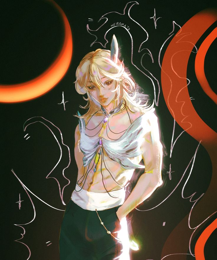the image is a digital painting of a stylized male character with long, blonde hair.  he has an androgynous appearance, wearing a lightcolored, almost translucent top that reveals a defined torso.  he's adorned with intricate jewelry, including a necklace with multiple strands and pendants.  the character appears ethereal, almost glowing, with a light source seemingly emanating from behind him. the background is dark and abstract, featuring a large, orange crescent moon and swirling, stylized lines and shapes that suggest flames or celestial energy. the overall style is fantastical and blends realistic details with painterly and abstract elements. the artist's signature, "neiromata," is visible in the upper portion of the image.