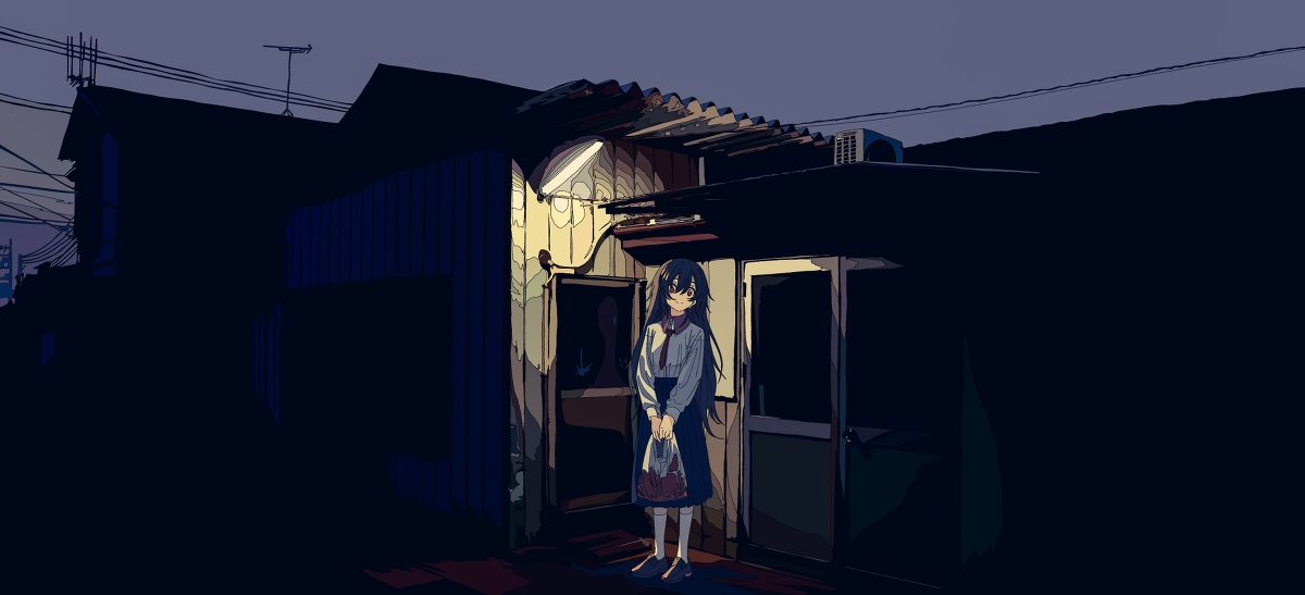 the image is a digital illustration in an anime/manga style, depicting a young girl with long dark hair standing alone outside a small, dimly lit building at night.  the setting appears to be a dark, narrow street or alleyway in a japanesestyle urban environment. the buildings are mostly silhouetted against the night sky, and the overall atmosphere is mysterious and somewhat melancholic. the girl is dressed in a school uniform and carries a bag, adding to the enigmatic nature of the scene. the style of the artwork is characterized by dark tones, sharp lines, and a slightly muted color palette, which emphasizes the mood of the illustration.