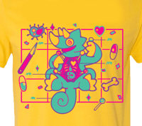 this is a tshirt design featuring a cartoon chameleon/rhino hybrid undergoing a whimsical surgery.  the creature is teal and pink, sitting on a gridded background with various medical and playful objects scattered around it, including pills, a bone, a lollipop, a scalpel, and bacteria. the style is reminiscent of 80s and 90s neon aesthetics with bright, bold colors and a retro cartoon feel. the overall tone is playful and slightly macabre.