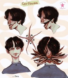 the image showcases four different depictions of a character named "guillaume." all variations portray a young man with short, dark hair, drawn in a stylized and slightly cartoonish manner. the color palette leans towards muted tones, primarily pinks, blues, and browns, contributing to a subdued and subtly unsettling atmosphere. two of the portraits present guillaume in a relatively normal human form. however, the remaining two reveal a monstrous transformation. in one, his mouth is agape, revealing rows of sharp teeth, while in the other, his head is entirely overtaken by a mass of tentacles, replacing his lower jaw. the consistent element across all variations is guillaume's neutral expression, creating a chilling contrast between his humanlike demeanor and the monstrous aspects. the overall impression is one of eerie duality and transformation, hinting at a darker nature lying beneath the surface.