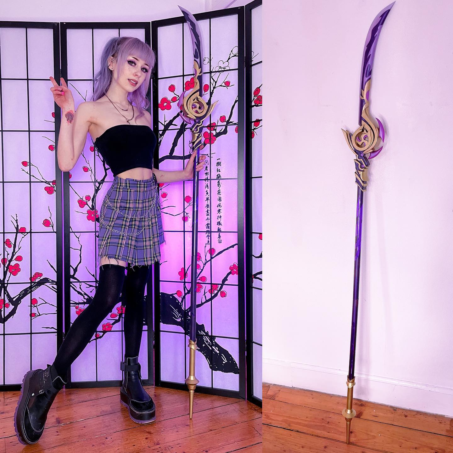 a young woman in cosplay is standing next to a large purple staff or spear. she is wearing a black top, purple plaid skirt, black tights, and black boots. her hair is light purple and styled in pigtails. she is holding one hand up in a peace sign. the staff is detailed and ornate, with gold accents. the background is a purplelit room with a japanesestyle screen. another image shows the staff on its own.